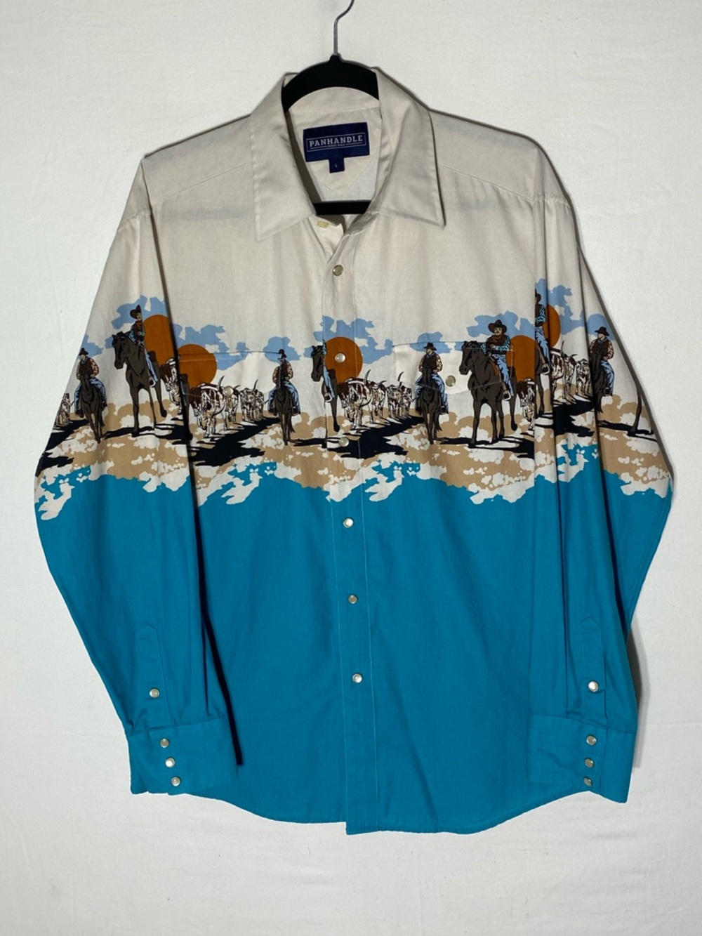 Vintage 90s Panhandle Slim Cowboy Border Print Pearl Snap Western Shirt L